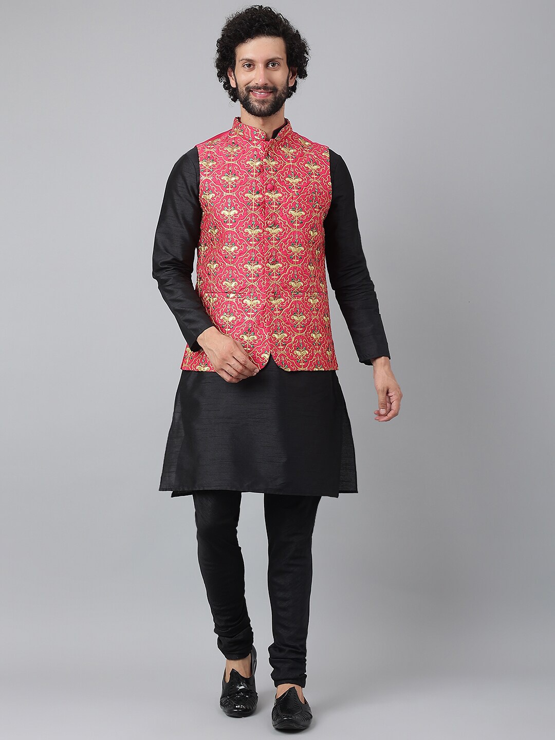 

Hangup Men Black Pure Silk Kurta with Pyjamas and Nehru Jacket Set