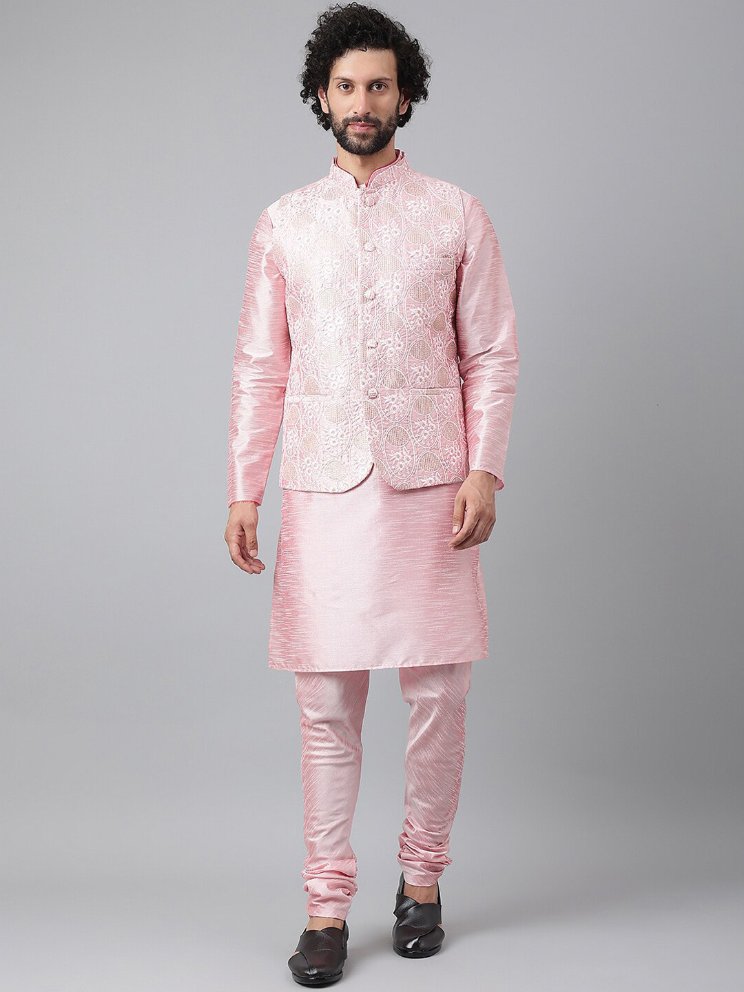 

Hangup Men Pink Thread Work Pure Silk Kurta Pyjama and Nehru Set