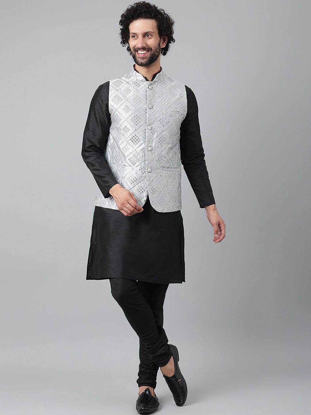 

Hangup Men Black Pure Silk Kurta & Churidar With Mirror Work Nehru jacket Set