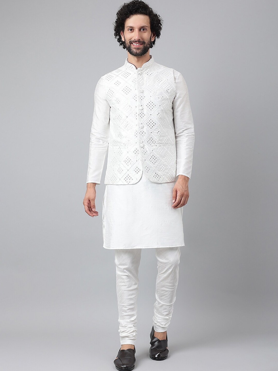 

Hangup Men White Pure Silk Kurta & Churidar With Mirror Work Nehru jacket Set