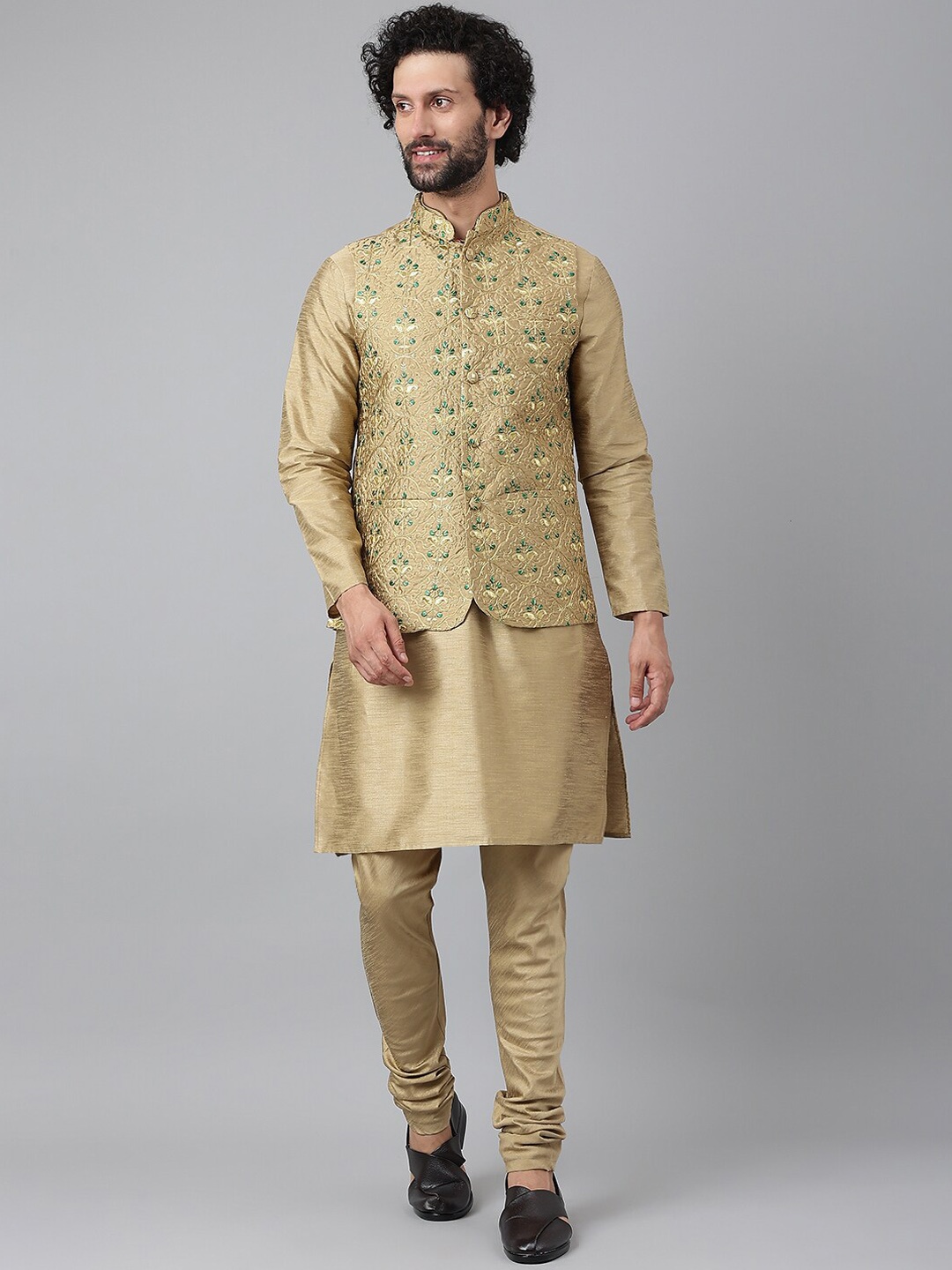 

Hangup Men Khaki Thread Work Pure Silk Kurta Churidar with Nehru Jacket