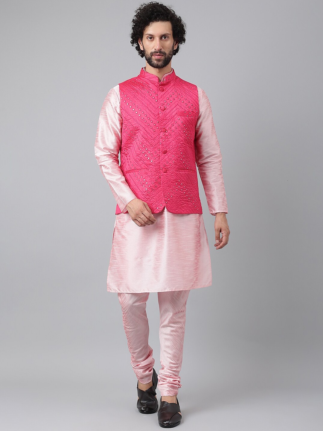 

hangup trend Men Pink Mirror Work Pure Silk Kurta with Pyjamas & Nehru Jacket