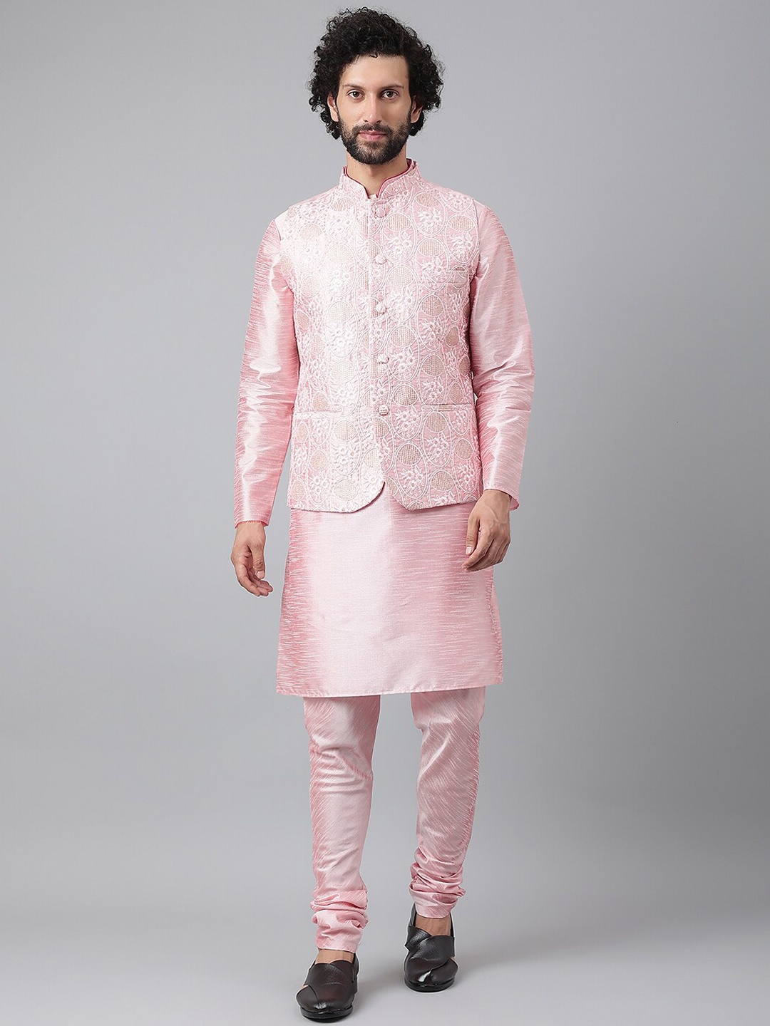 

hangup trend Men Pink Pure Silk Kurta with Churidar & With Nehru Jacket