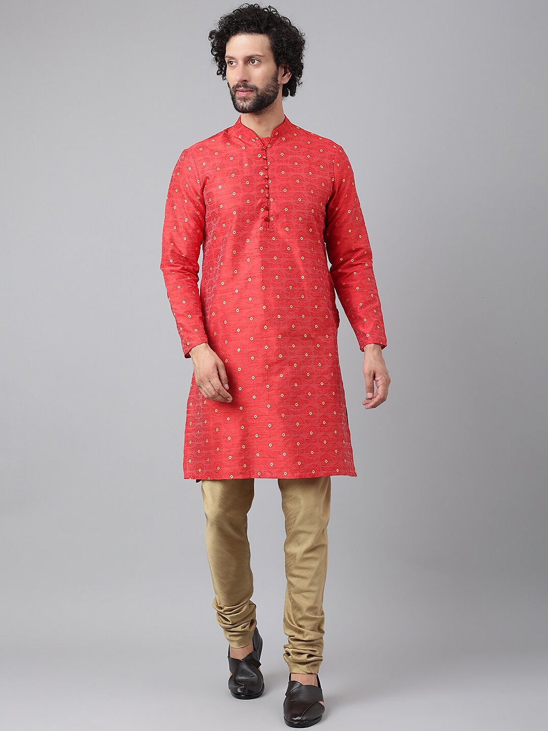 

hangup trend Men Red Floral Pure Silk Kurta with Pyjamas