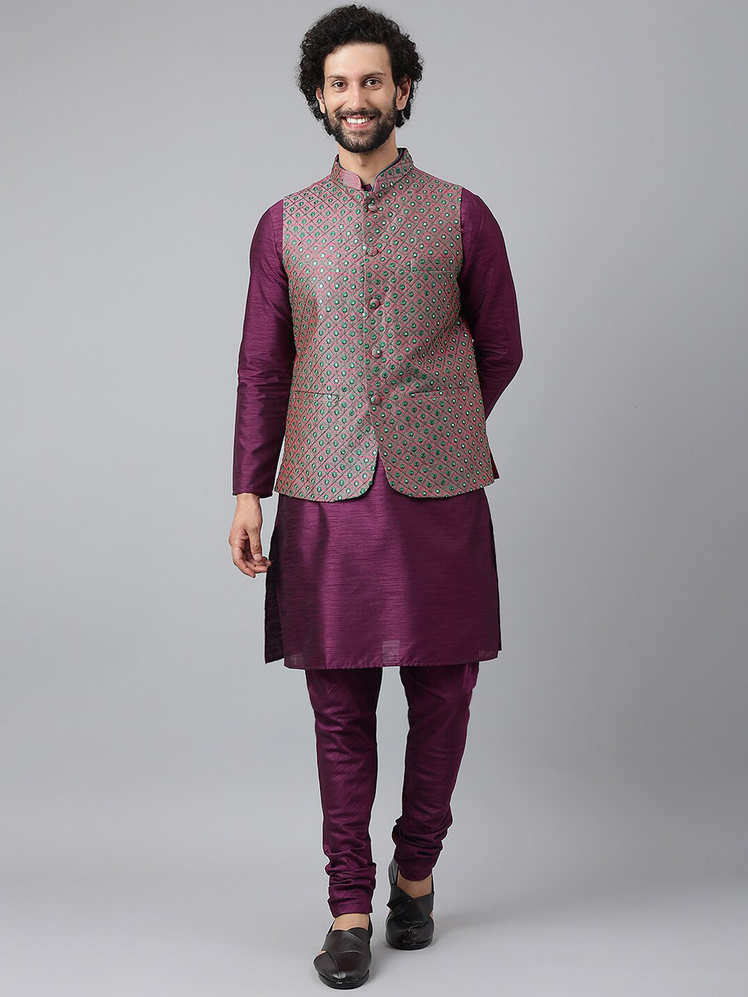 

hangup trend Men Purple Pure Silk Kurta & Churidar With Nehru Jacket Set