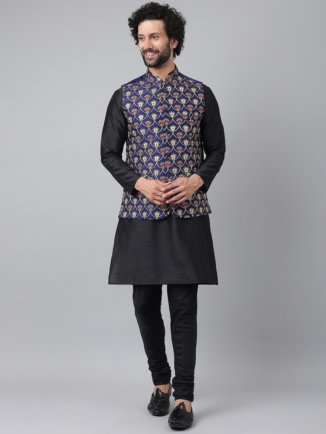 

hangup trend Men Black Ethnic Motifs Pure Silk Kurta with Churidar and Nehru Set