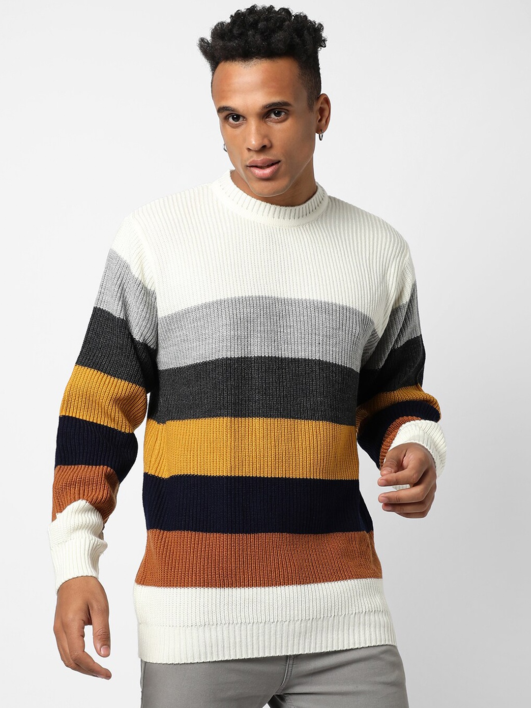 

Campus Sutra Men White & Yellow Striped Pullover
