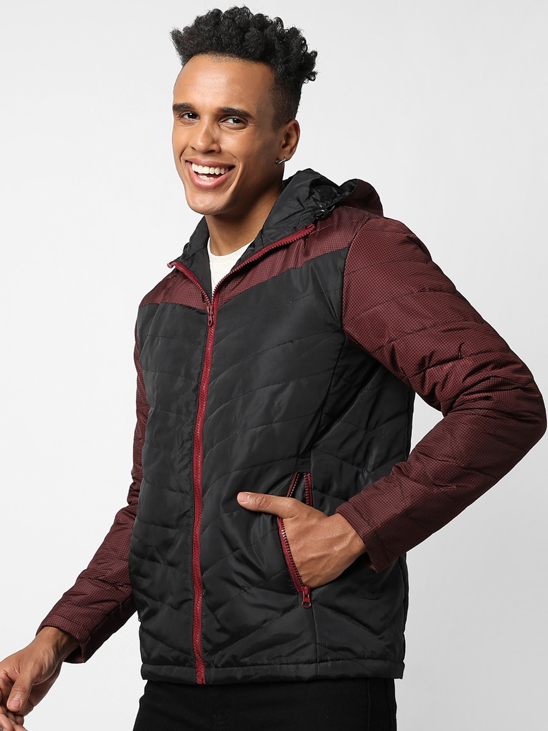 

Campus Sutra Men Black Maroon Colourblocked Windcheater Outdoor Open Front Jacket