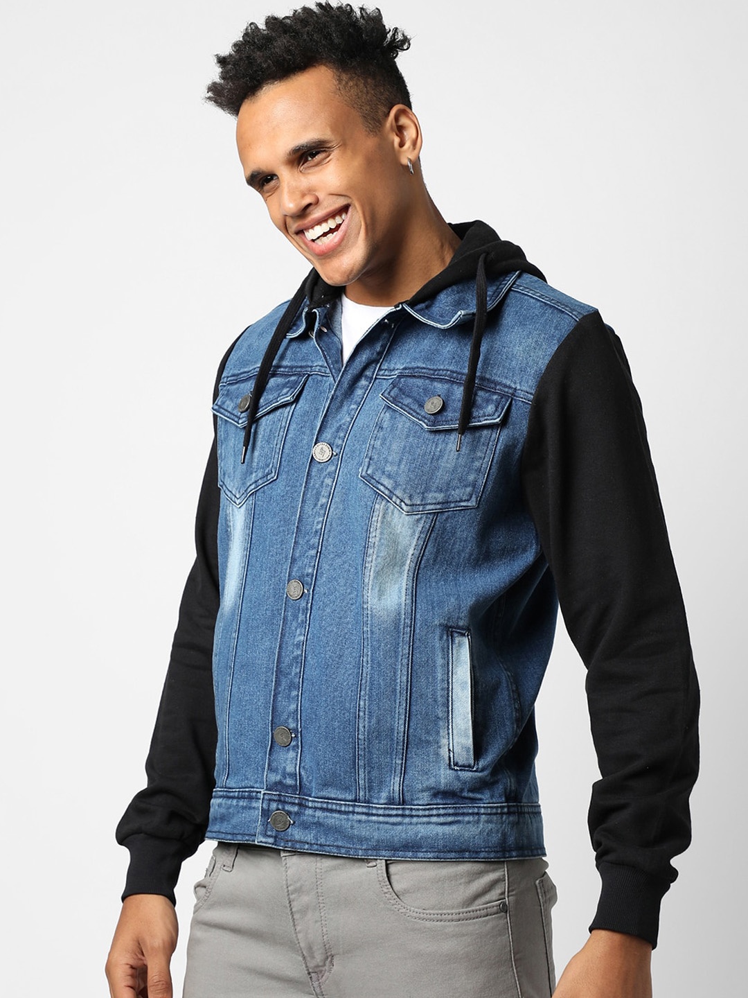 

Campus Sutra Men Navy Blue Black Washed Colourblocked Windcheater Outdoor Denim Jacket