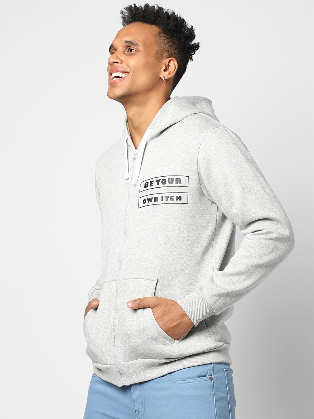 

Campus Sutra Men Grey Printed Cotton Hooded Sweatshirt