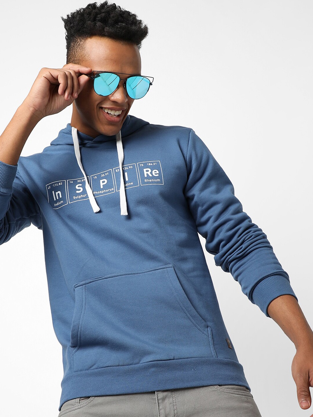 

Campus Sutra Men Blue Printed Hooded Sweatshirt