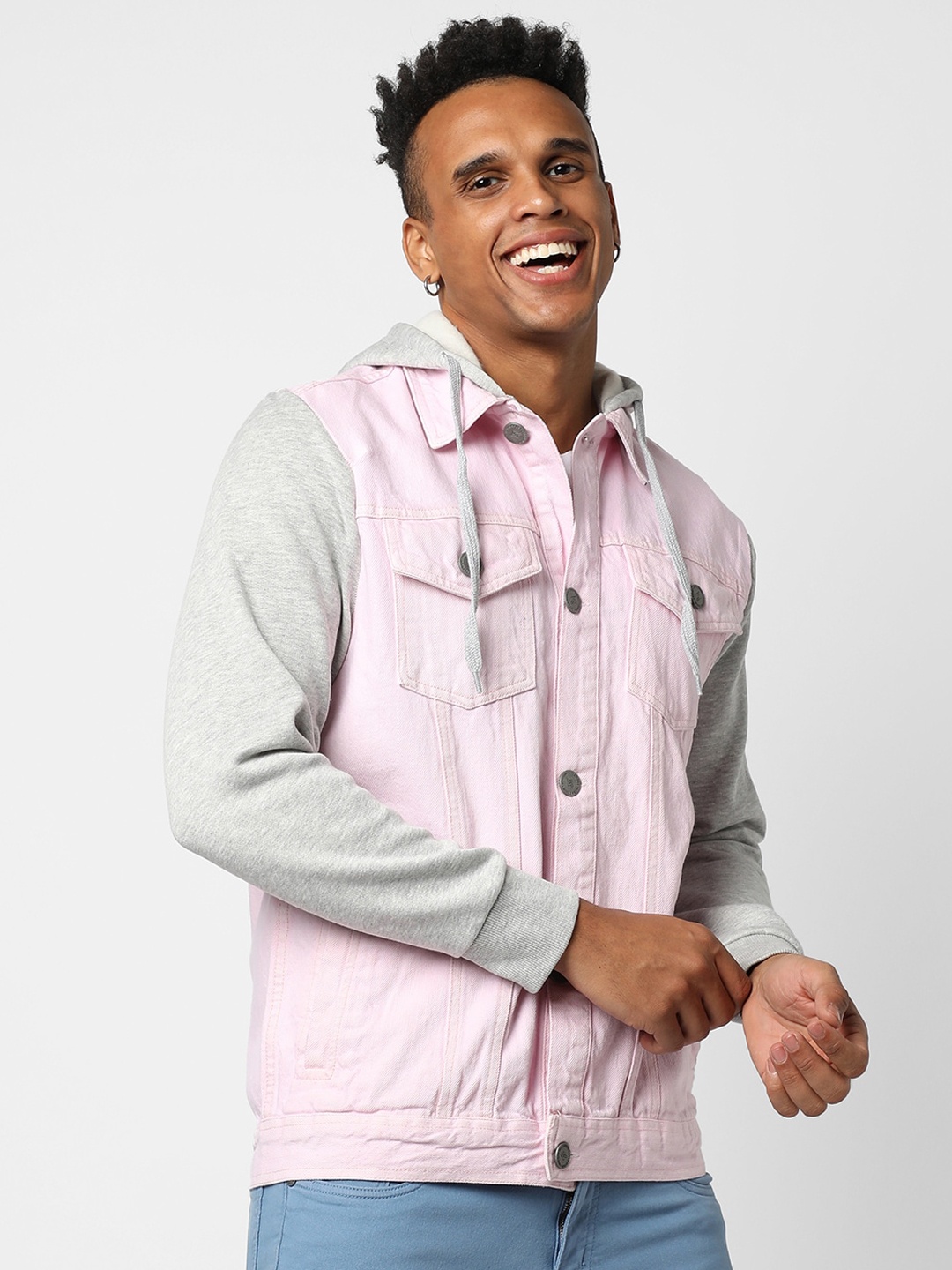 

Campus Sutra Men Pink Striped Windcheater Denim Jacket