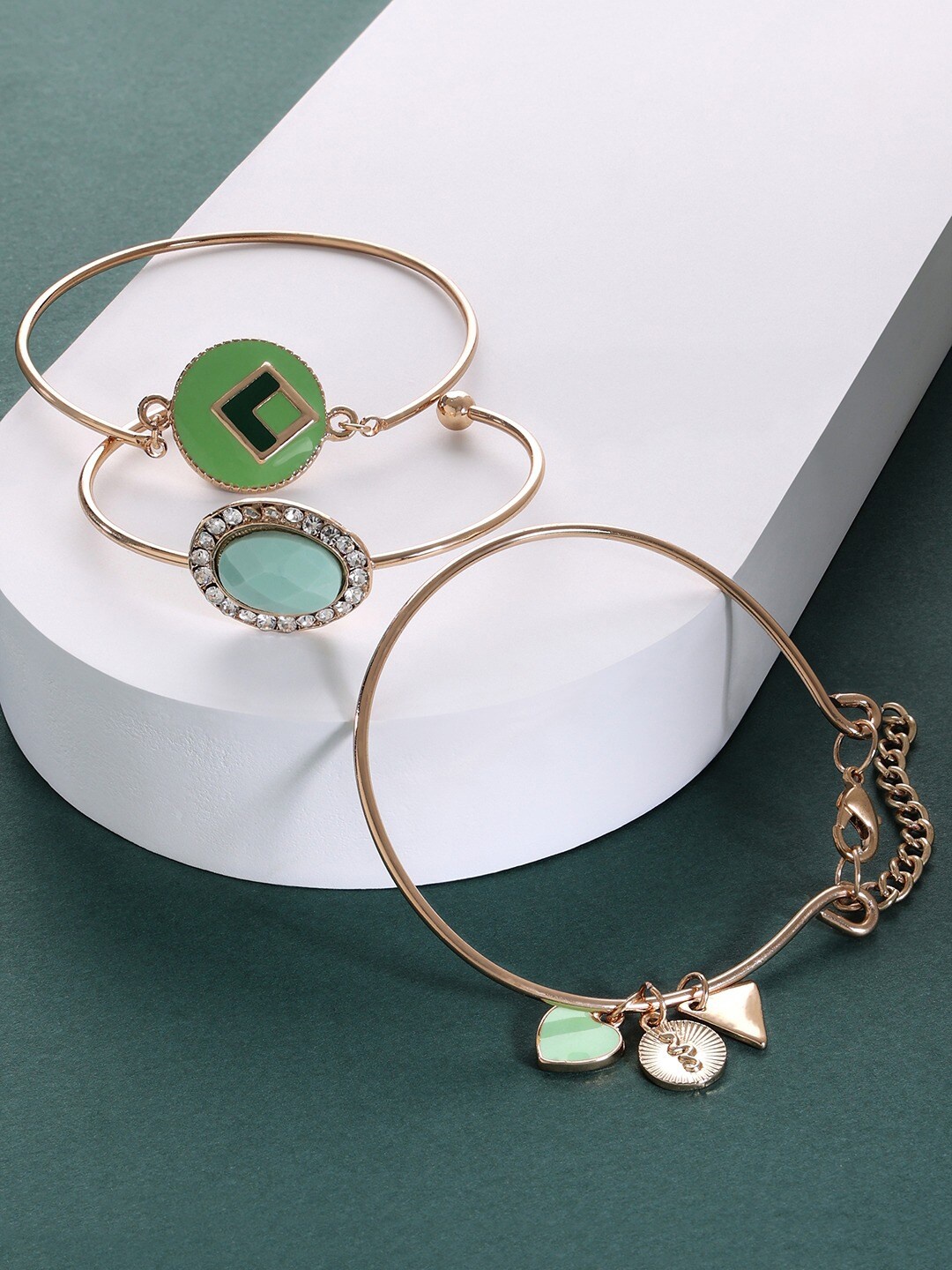 

AMI Women Set Of 3 Gold-Toned & Green Enamelled Gold-Plated Wraparound Bracelet