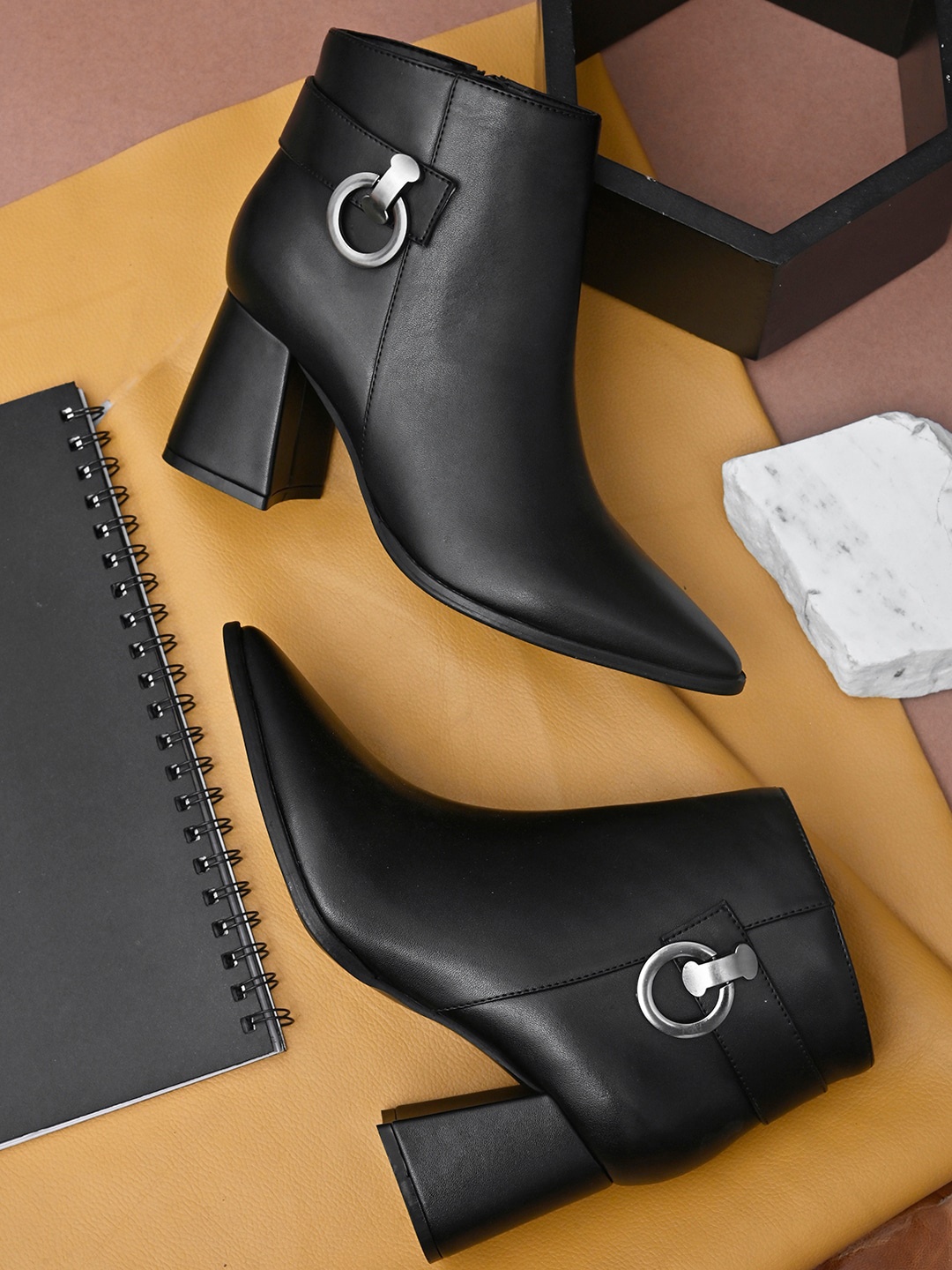 

DressBerry Women Black Mid-Top Leather Heeled Boots