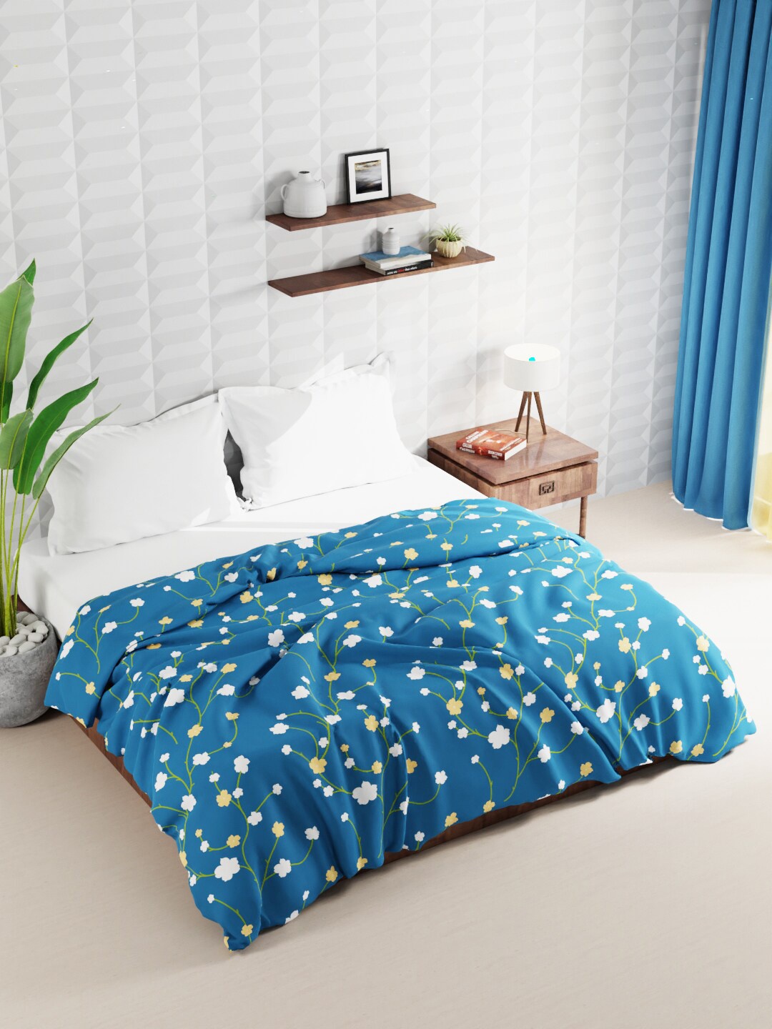 

BIANCA Teal Blue & White Floral AC Room Double Bed Quilt