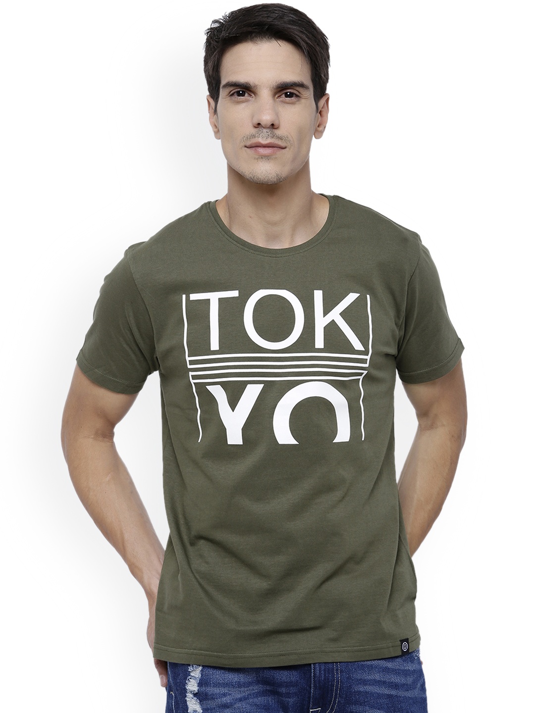 

LOCOMOTIVE Men Olive Green Slim Printed T-shirt