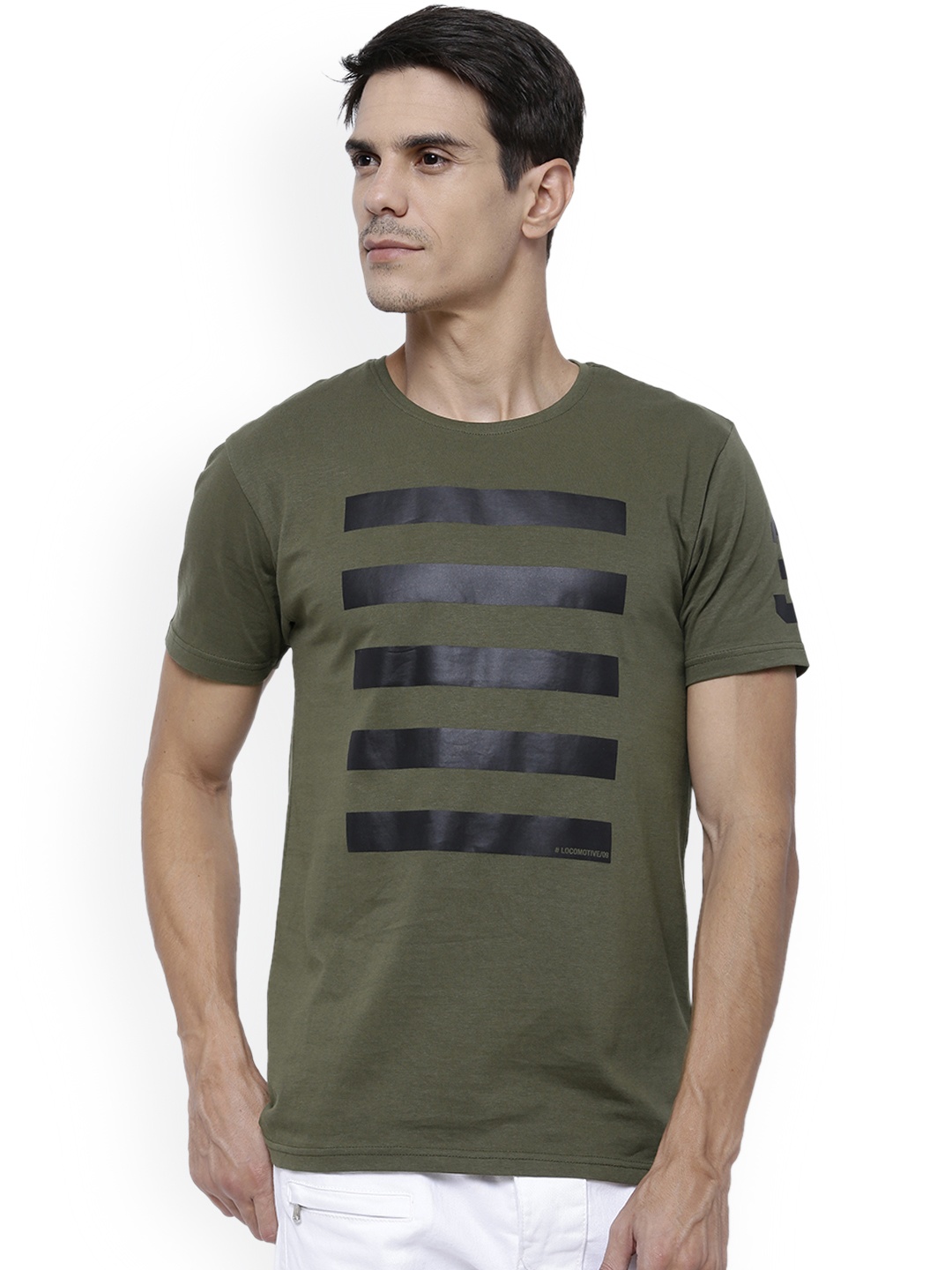 

LOCOMOTIVE Men Olive Green Slim Printed T-shirt