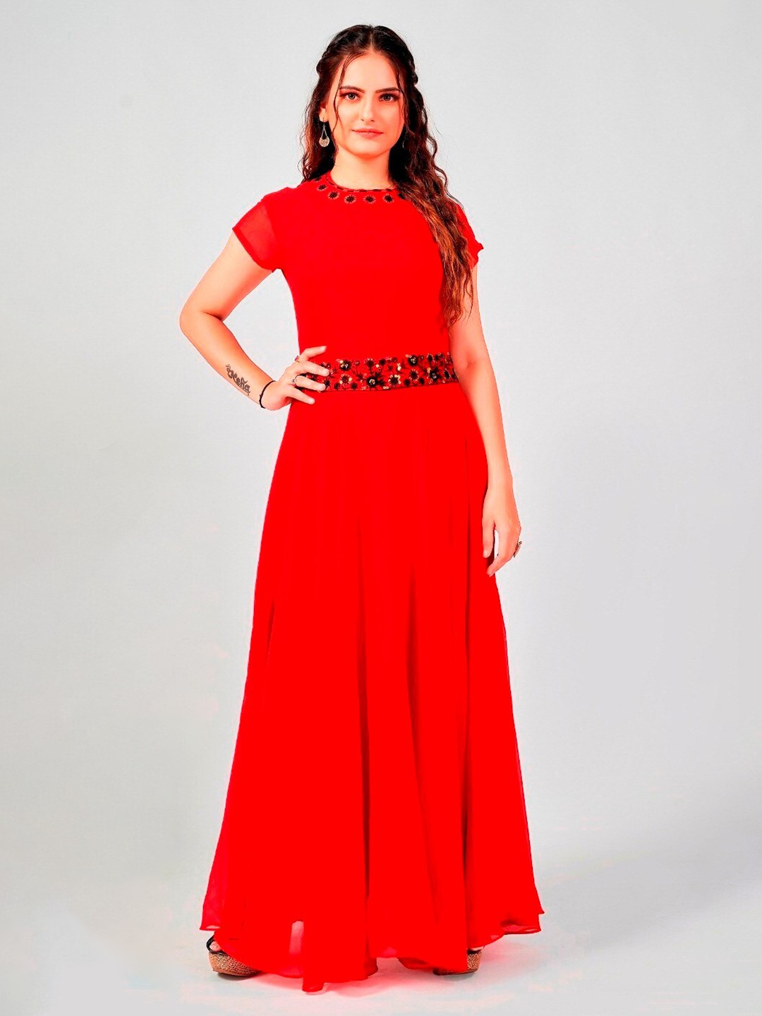 

APNISHA Red Georgette Embroidered Maxi Dress