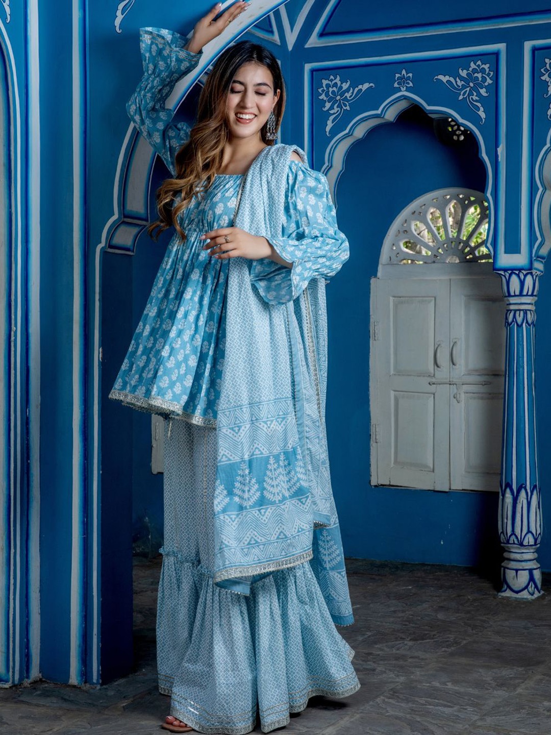 

HOUSE OF JAMOTI Women Blue Ethnic Motifs Printed Empire Gotta Patti Kurta with Sharara & With Dupatta