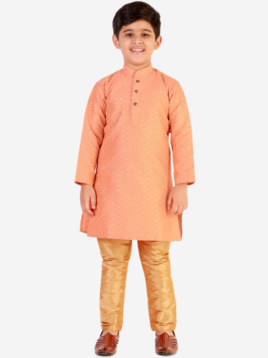 

Pro-Ethic STYLE DEVELOPER Boys Orange Self Design Pure Silk Kurta with Pyjamas