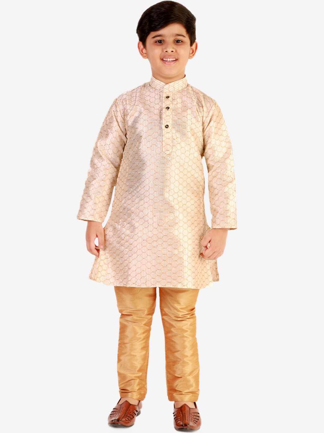 

Pro-Ethic STYLE DEVELOPER Boys Cream Sequined Pure Silk Kurta with pyjamas