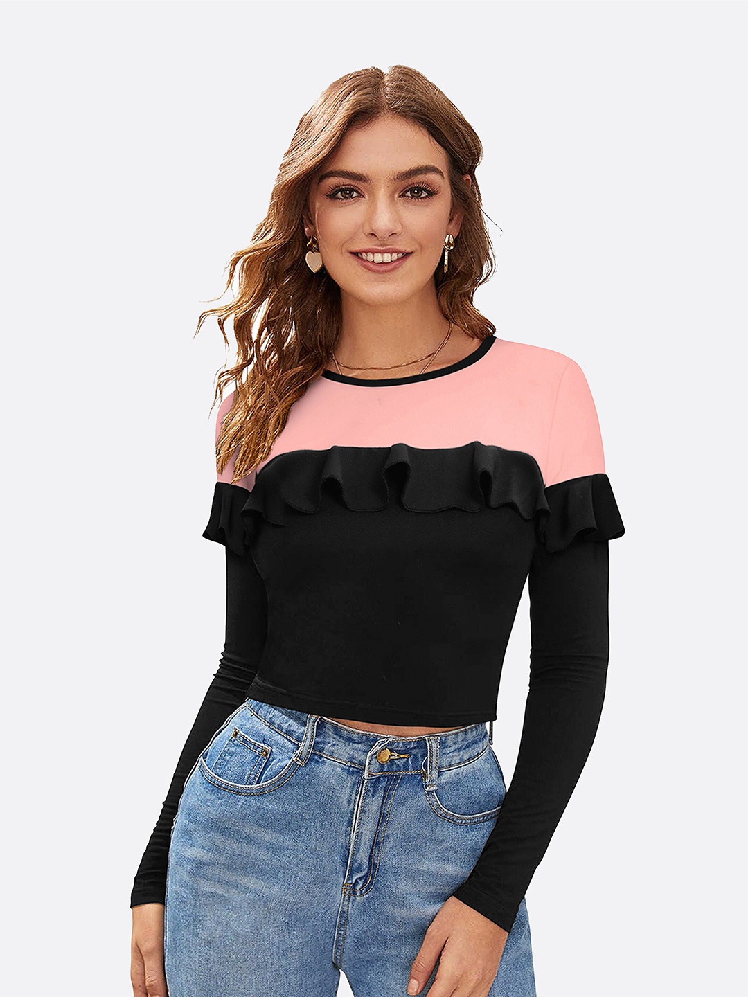 

LONDON BELLY Women Ruffles Crop Top, Peach