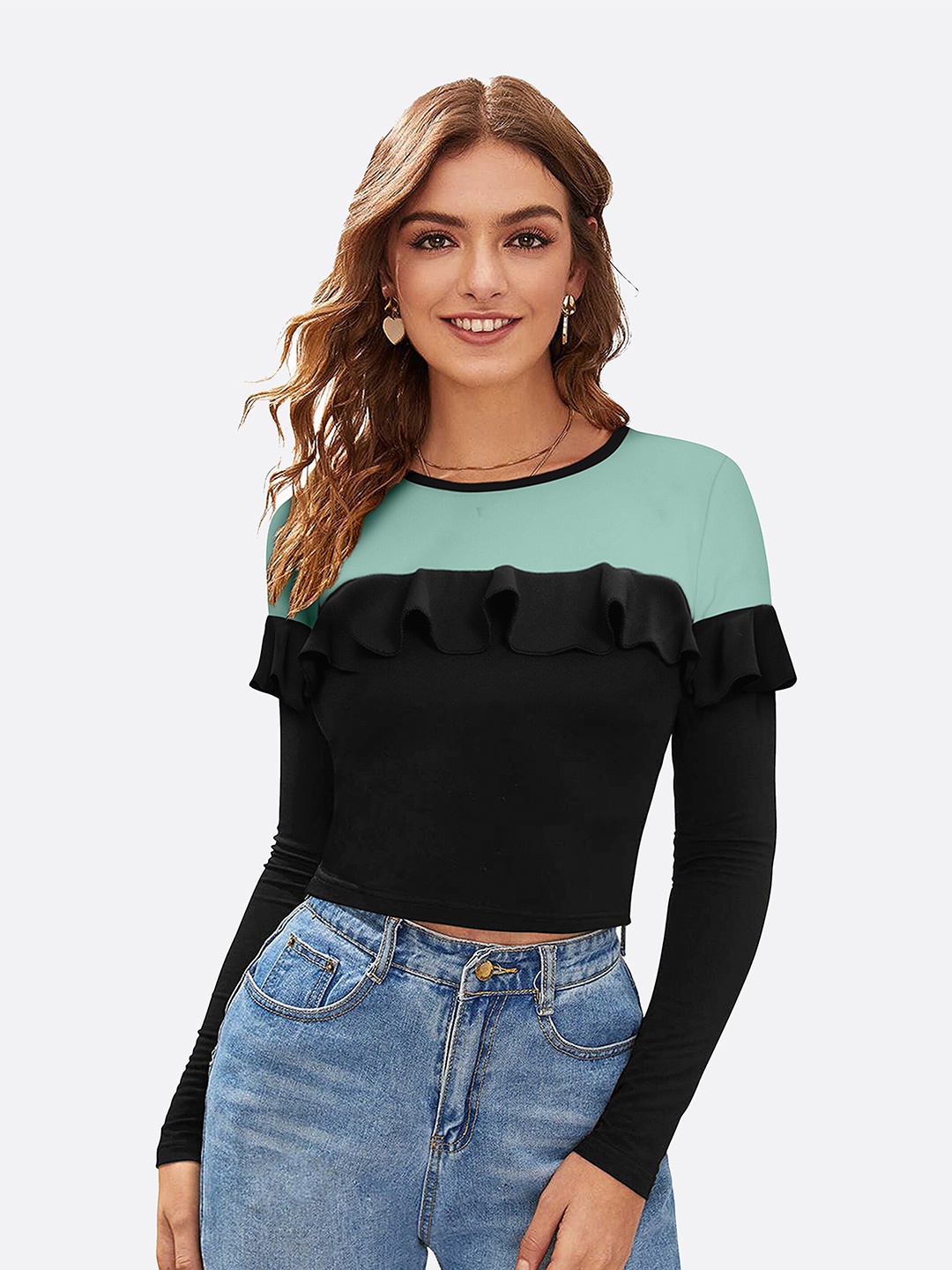 

LONDON BELLY Women Ruffles Crop Top, Turquoise blue