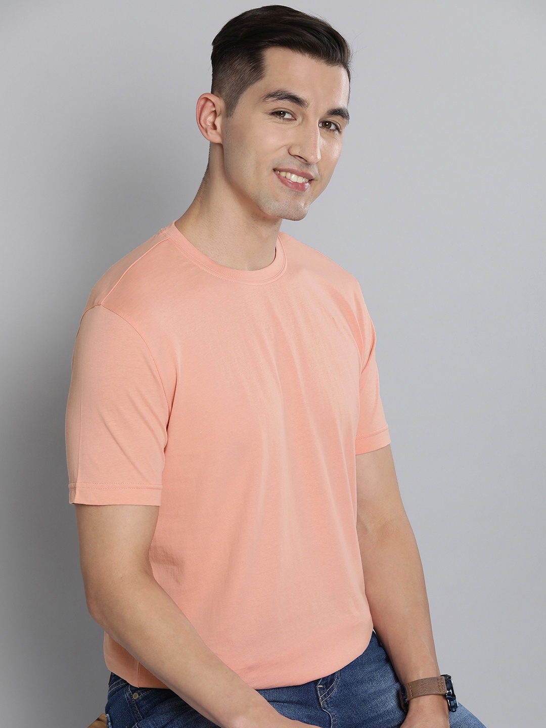 

HERE&NOW Men Solid Pure Cotton T-shirt, Coral