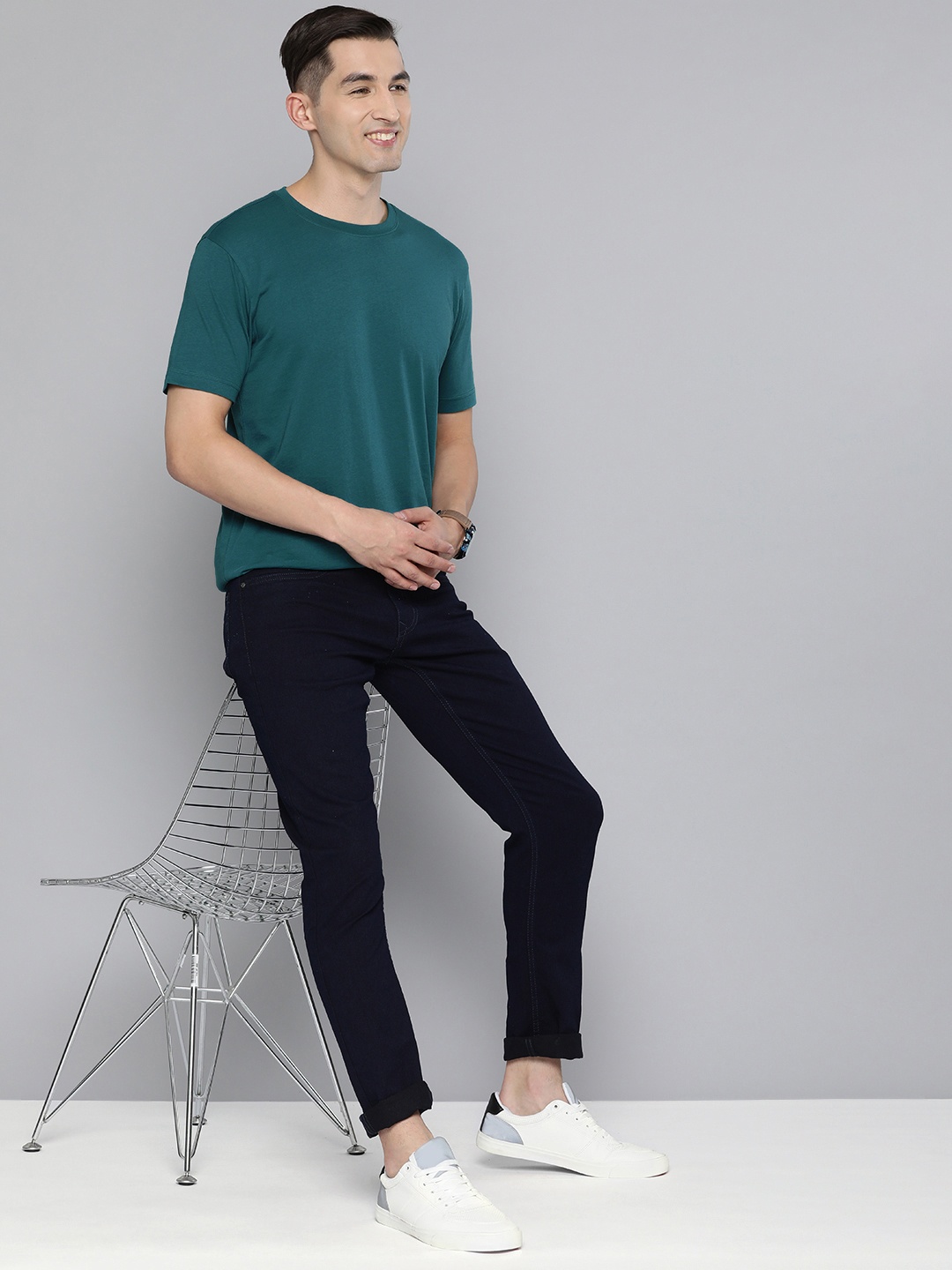 

HERE&NOW Men Round Neck Pure Cotton T-shirt, Teal