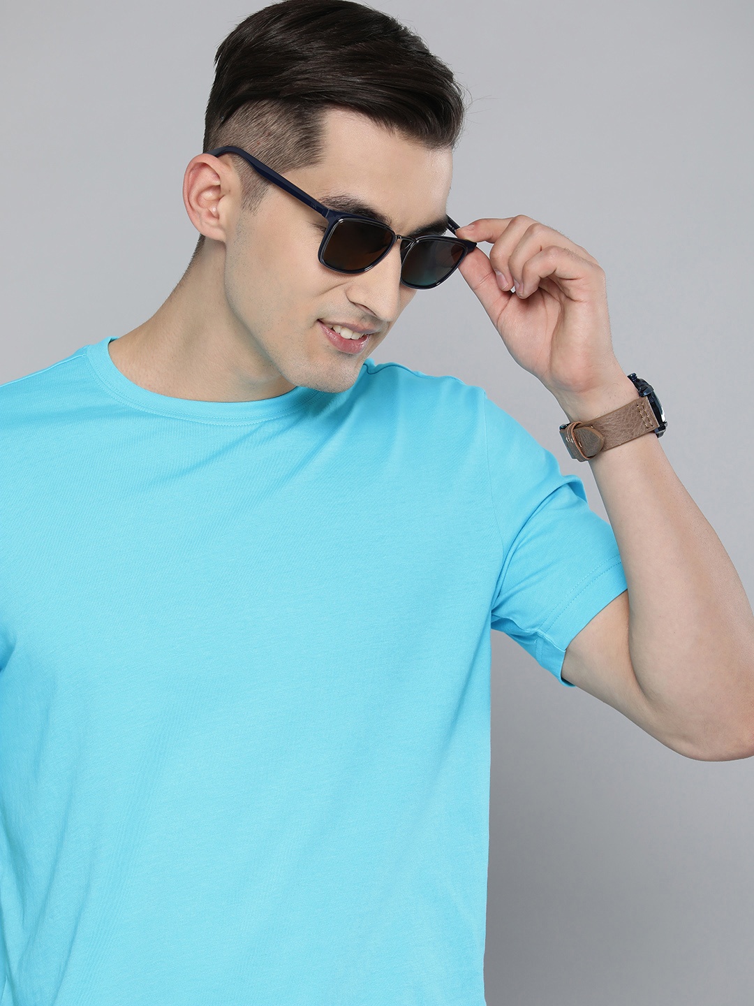 

HERE&NOW Men Round Neck Pure Cotton T-shirt, Turquoise blue