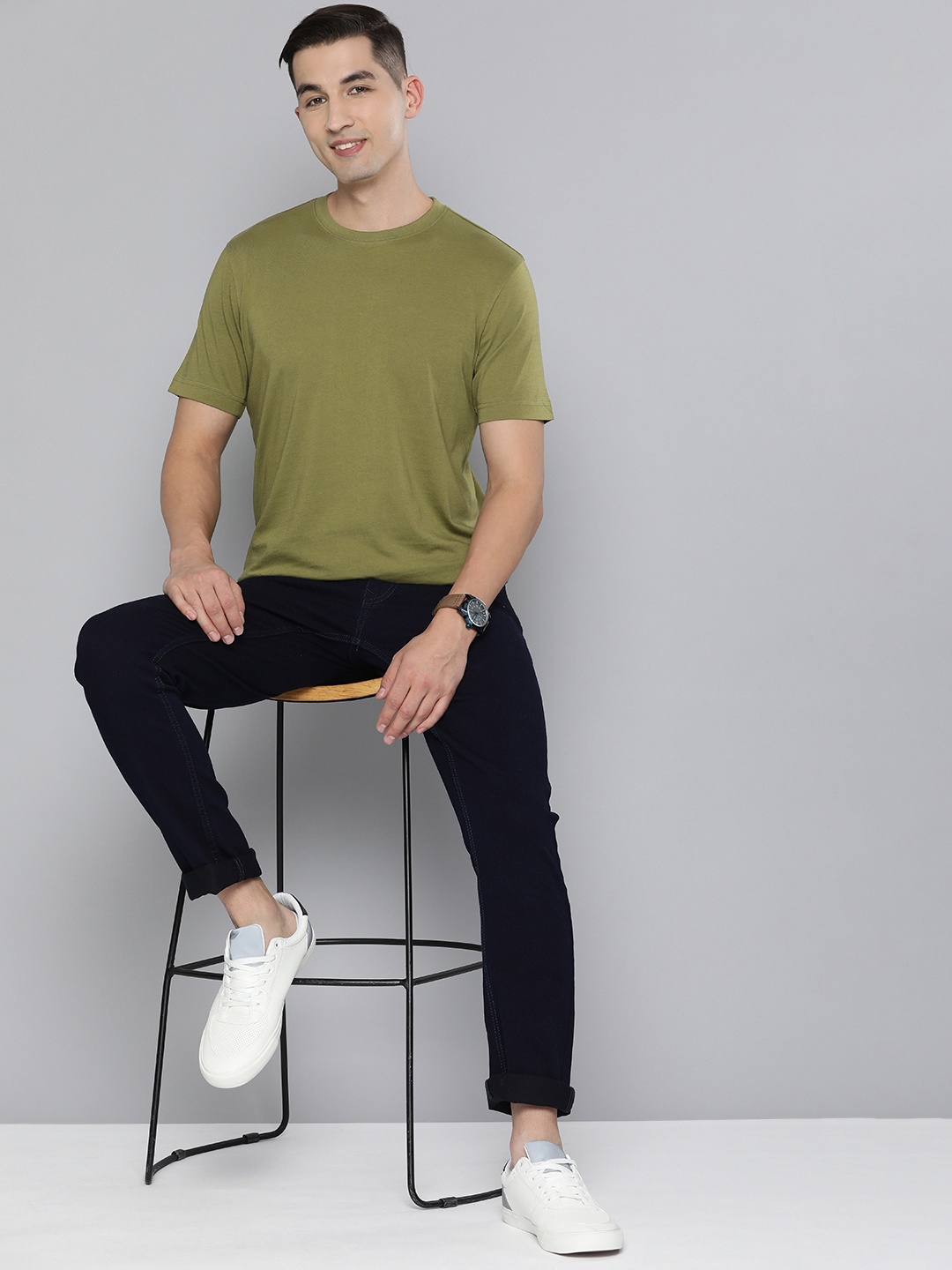 

HERE&NOW Men Round Neck Pure Cotton T-shirt, Olive