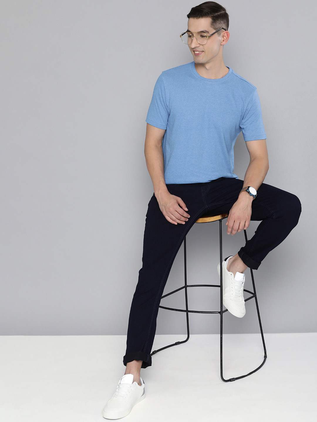 

HERE&NOW Men Round Neck Cotton T-shirt, Blue