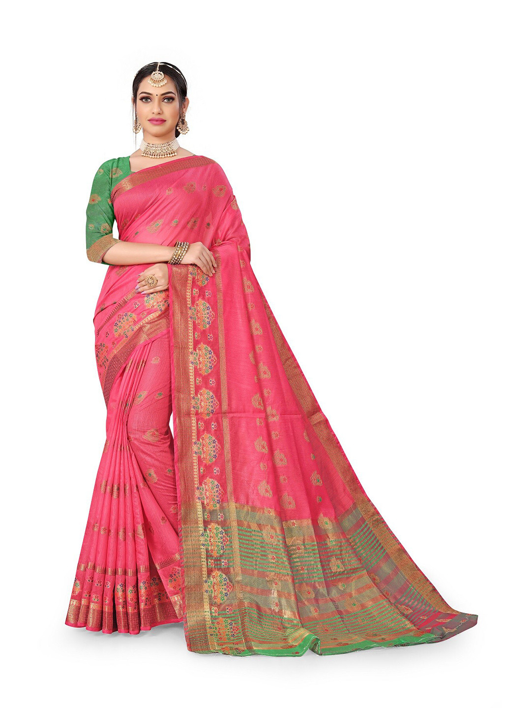

Rivana Pink & Green Ethnic Motifs Zari Pure Cotton Banarasi Saree