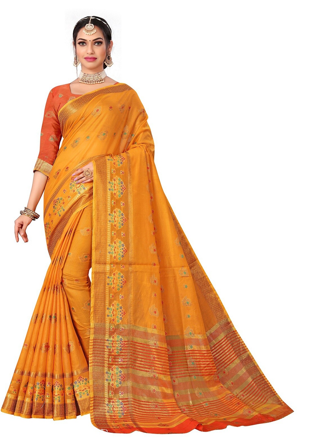 

Rivana Mustard & Green Woven Design Zari Pure Cotton Banarasi Saree