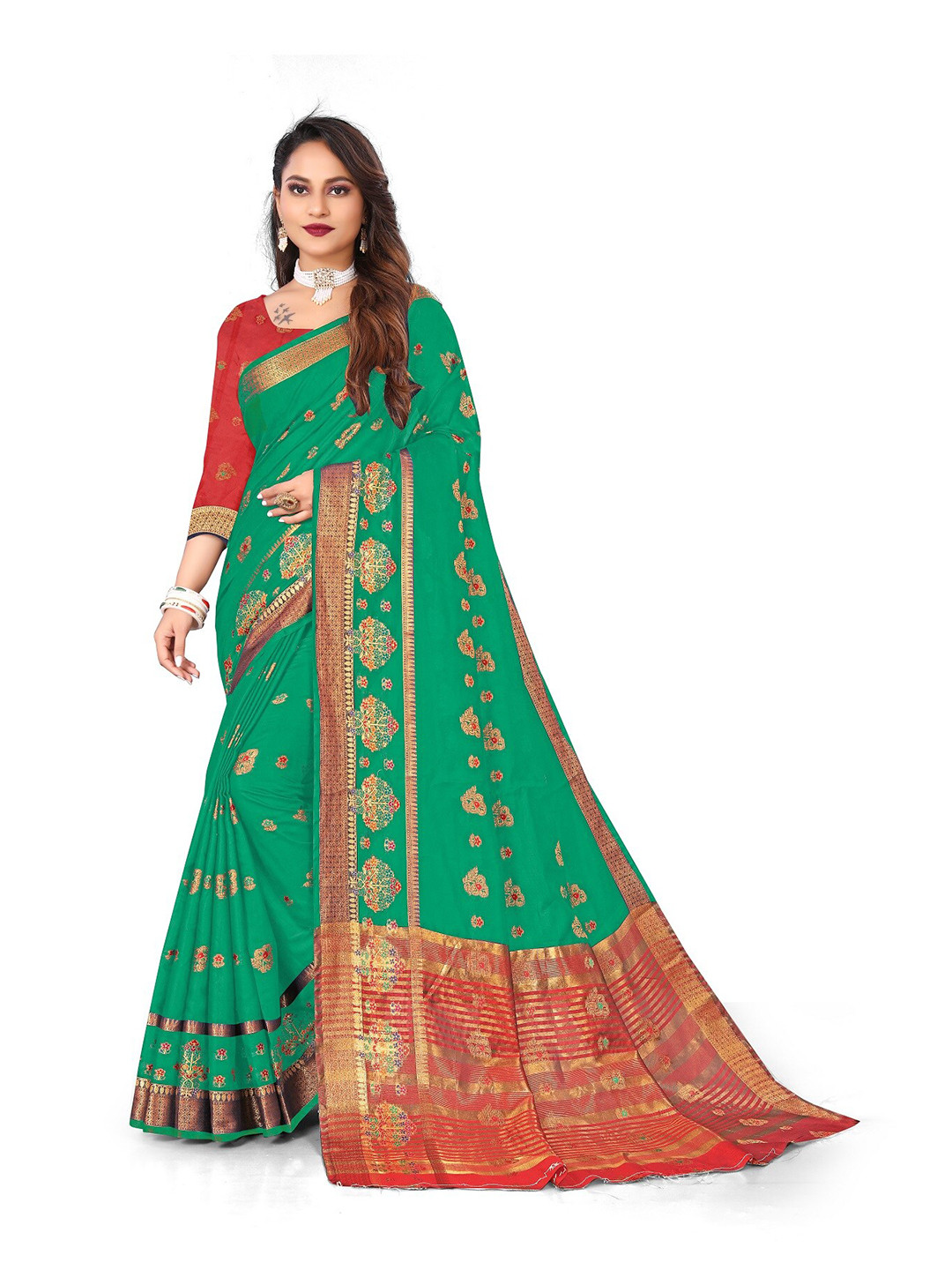 

Rivana Green & Red Woven Design Zari Pure Cotton Banarasi Saree