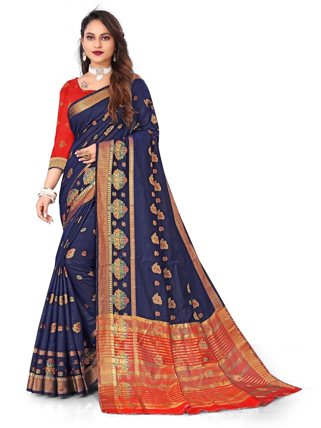 

Rivana Navy Blue & Red Woven Design Zari Pure Cotton Banarasi Saree
