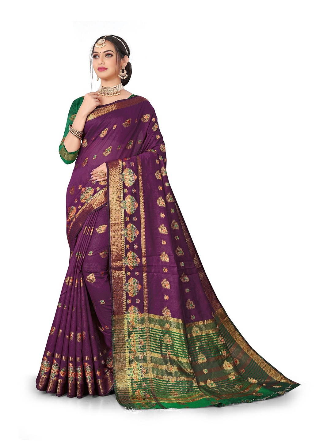 

Rivana Purple & Green Woven Design Zari Pure Cotton Banarasi Saree