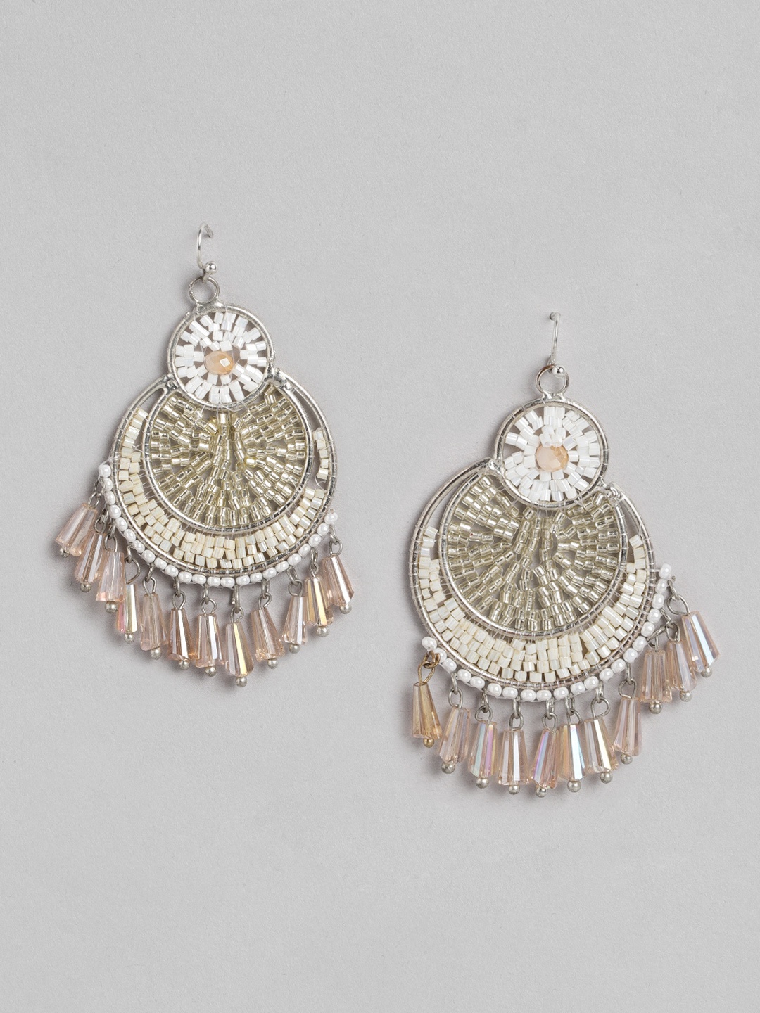 

RICHEERA Silver-Toned & Beige Crescent Shaped Beaded Chandbalis Earrings