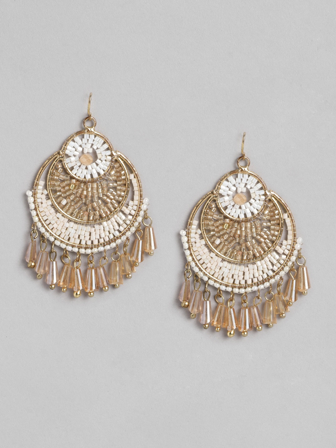 

RICHEERA Silver-Toned & White Crescent Shaped Beaded Chandbalis Earrings
