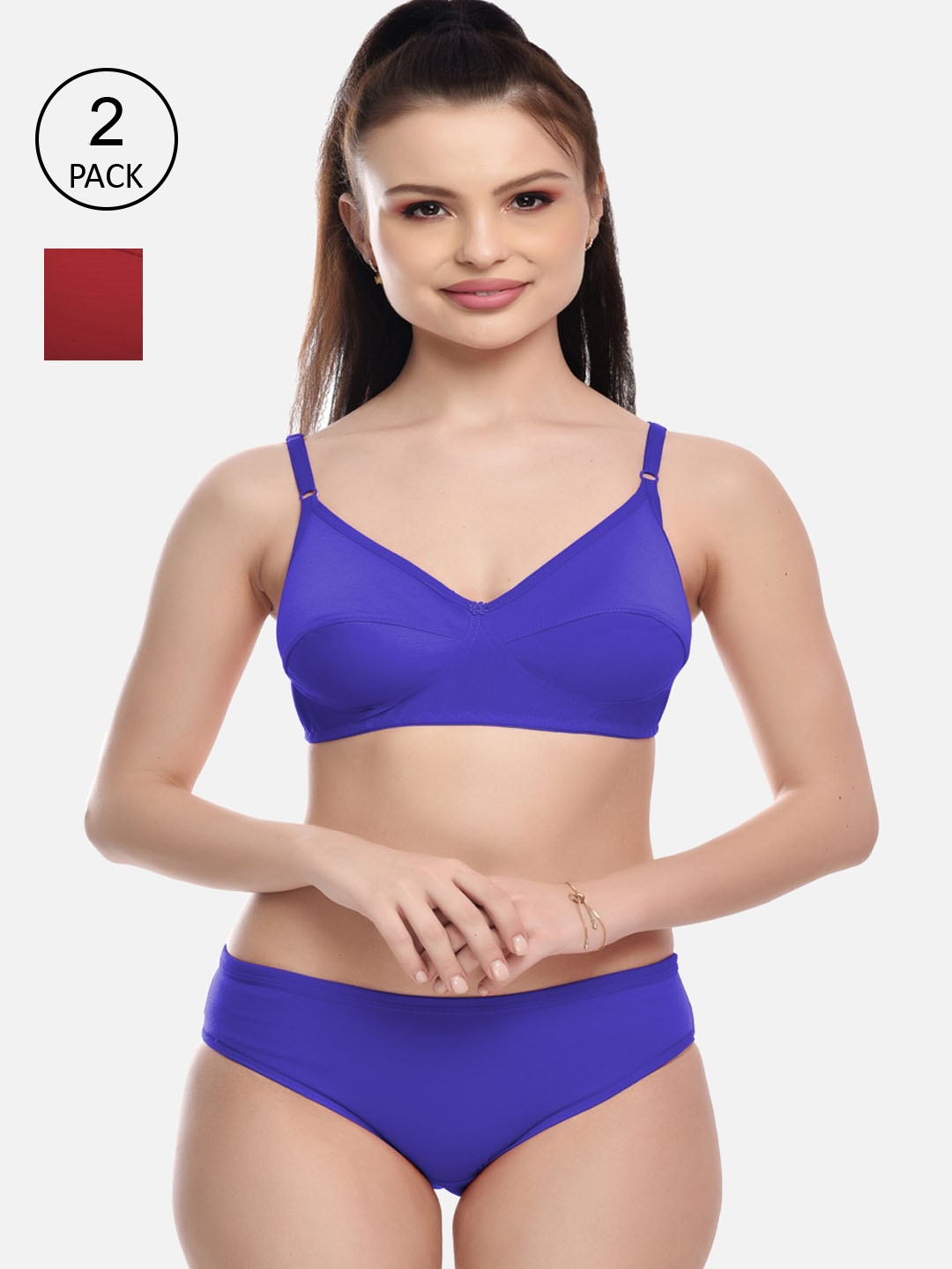 

FIMS Pack of 2 Blue & Maroon Solid Lingerie Set