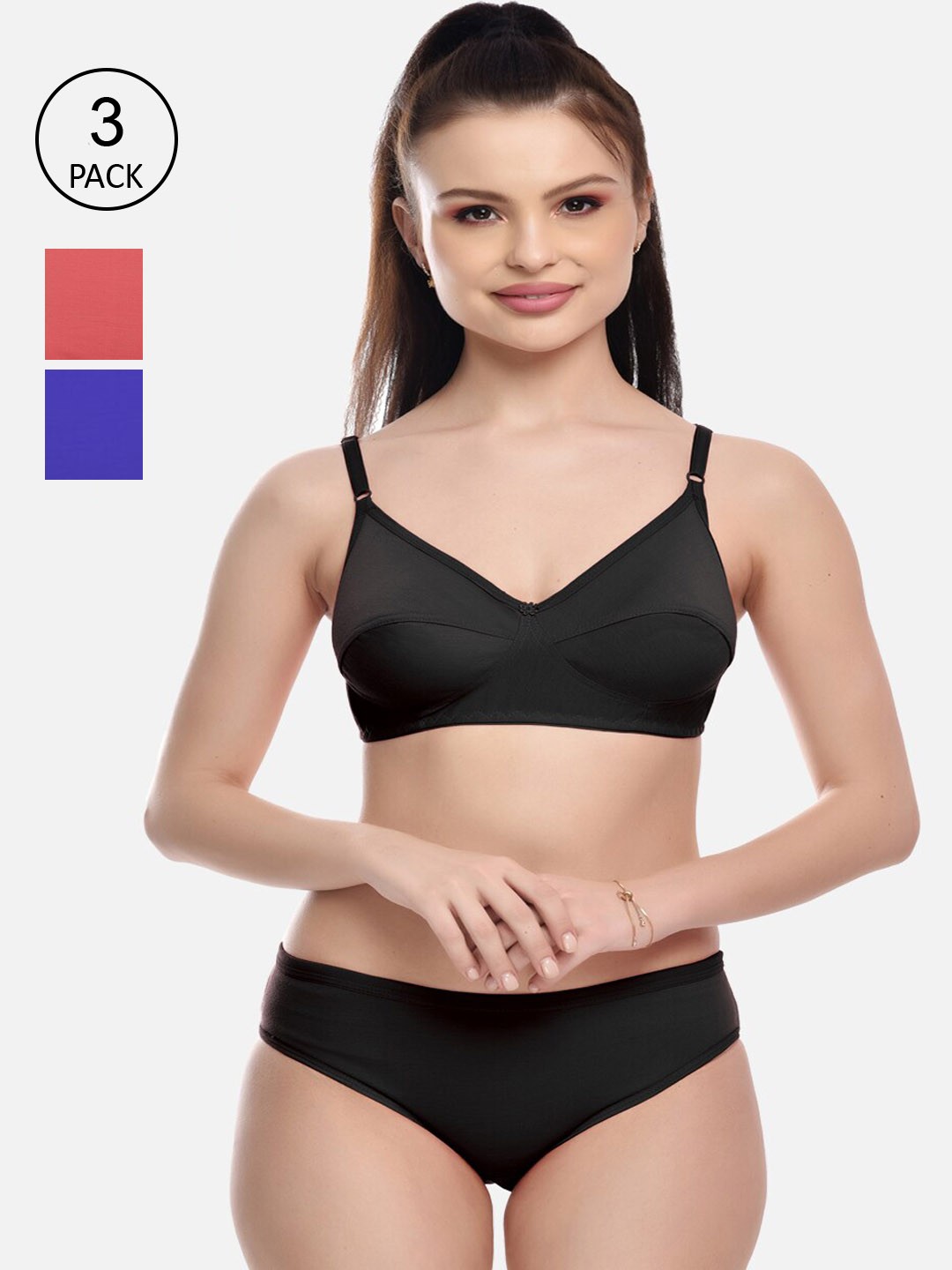 

FIMS Women Set of 3 Solid Cotton Bra and Briefs Set, Black