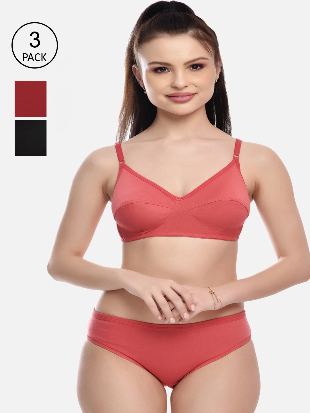 

FIMS Woman Pack of 3 Black, Orange & Maroon Cotton Lingerie Set