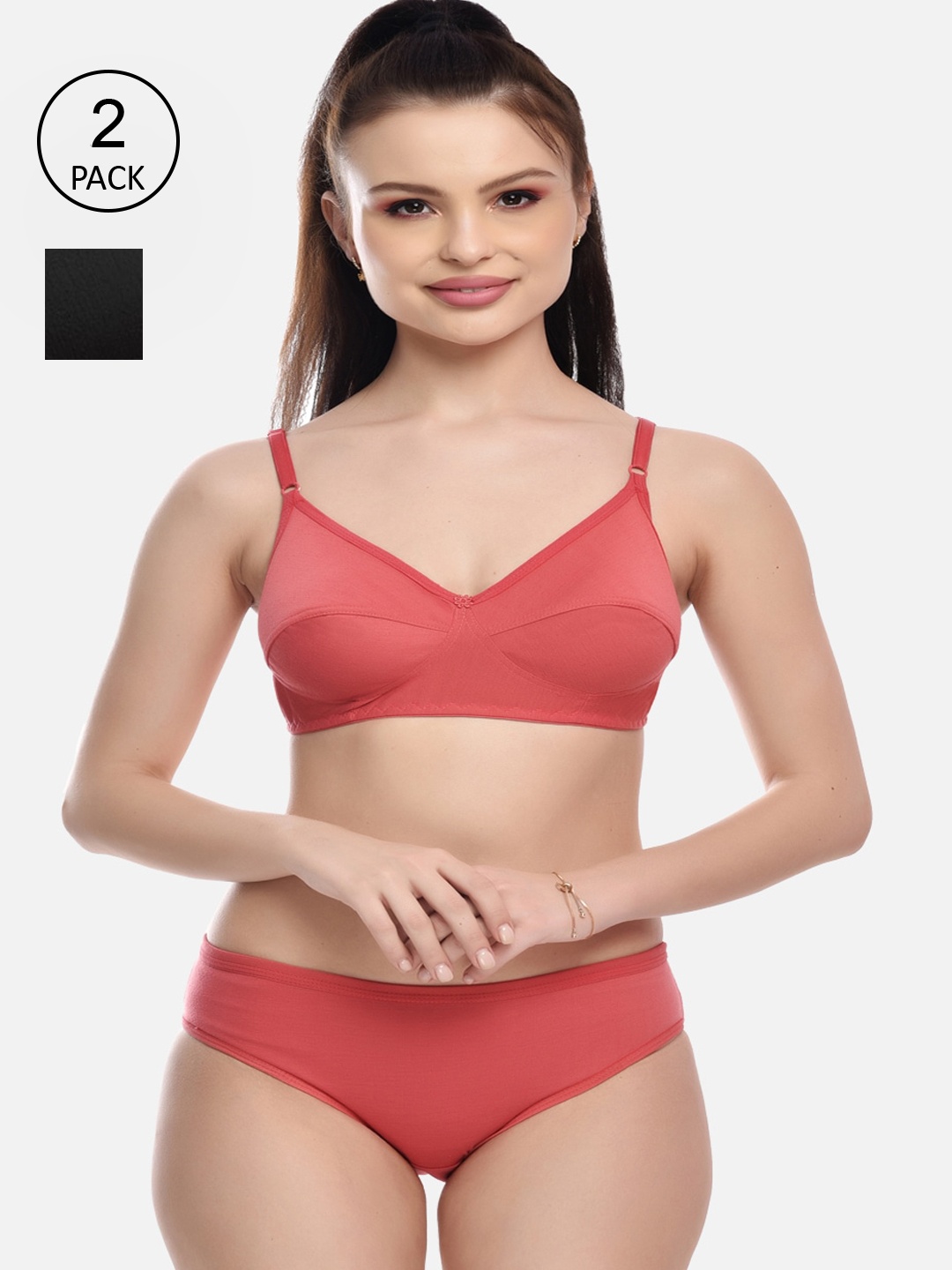 

FIMS Pack of 2 Black & Orange Cotton Lingerie Set