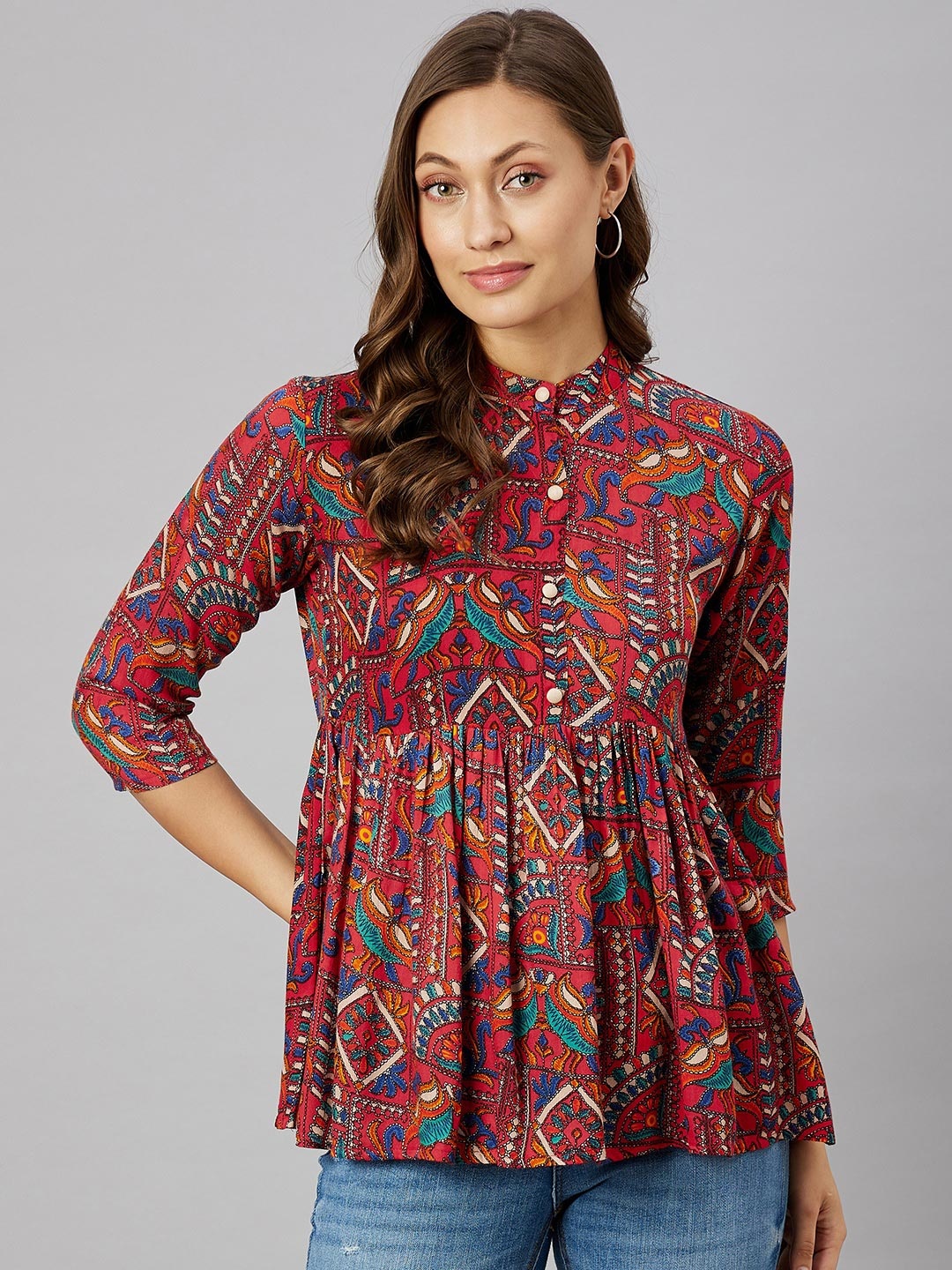 

Azira Women Print Mandarin Collar Ethnic Top, Red