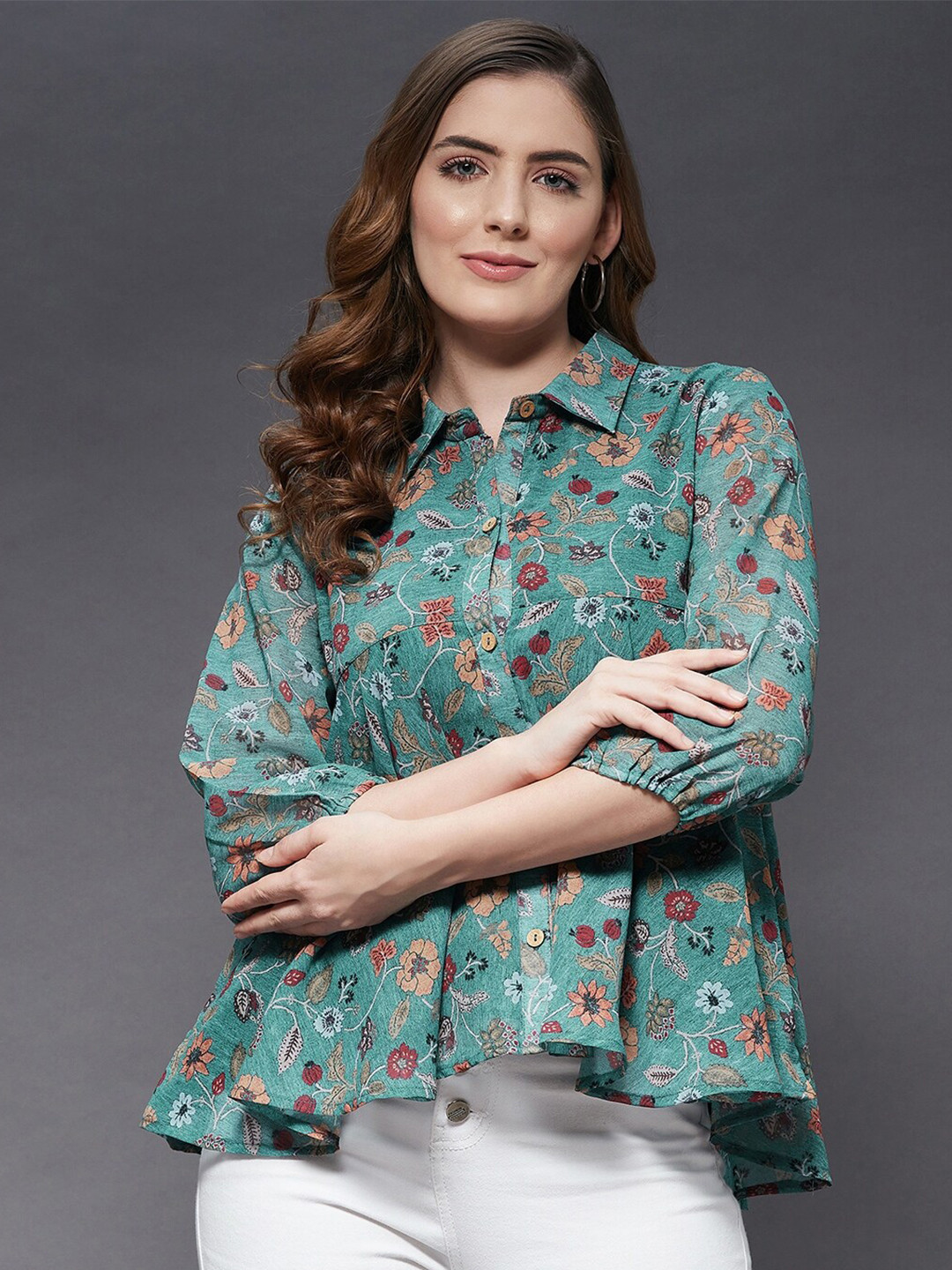 

Azira Women Floral Print Georgette Shirt Style Top, Sea green