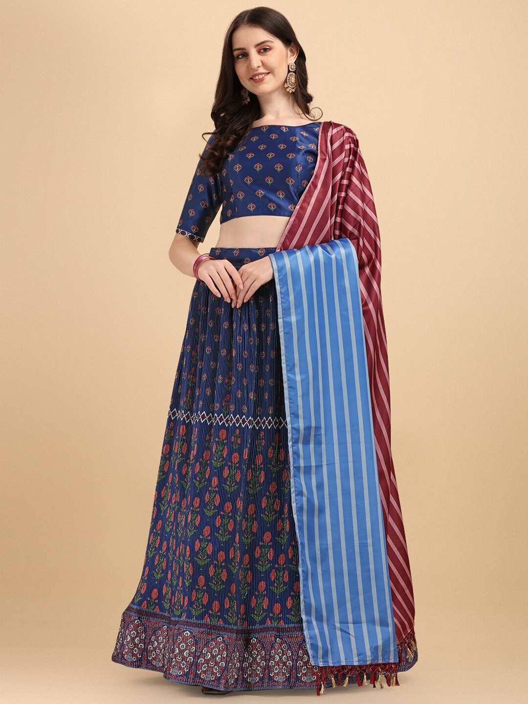 

Amrutam Fab Navy Blue & Maroon Printed Semi-Stitched Lehenga Choli