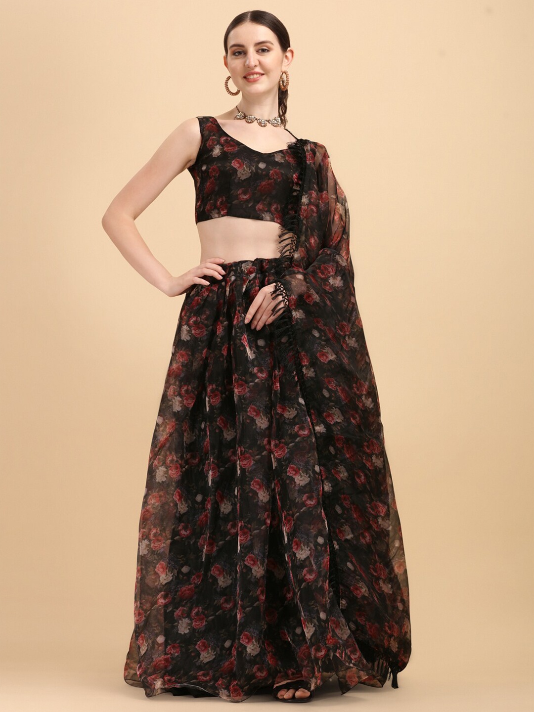 

Amrutam Fab Black & Red Printed Organza Semi-Stitched Lehenga Choli Set