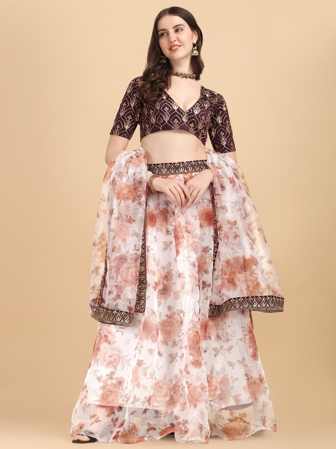 

Amrutam Fab White & Pink Semi-Stitched Lehenga & Unstitched Blouse With Dupatta