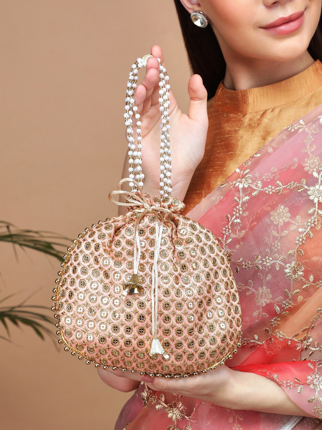 

Rubans Women Gold-Toned & Peach-Coloured Embroidered Potli Clutch