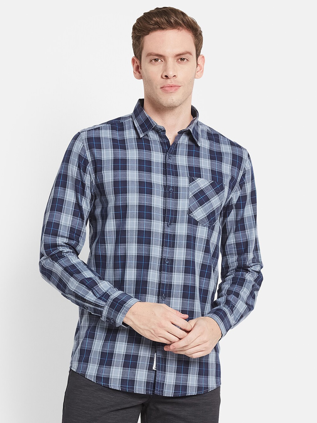

METTLE Men Regular Fit Checked Cotton Casual Shirt, Navy blue